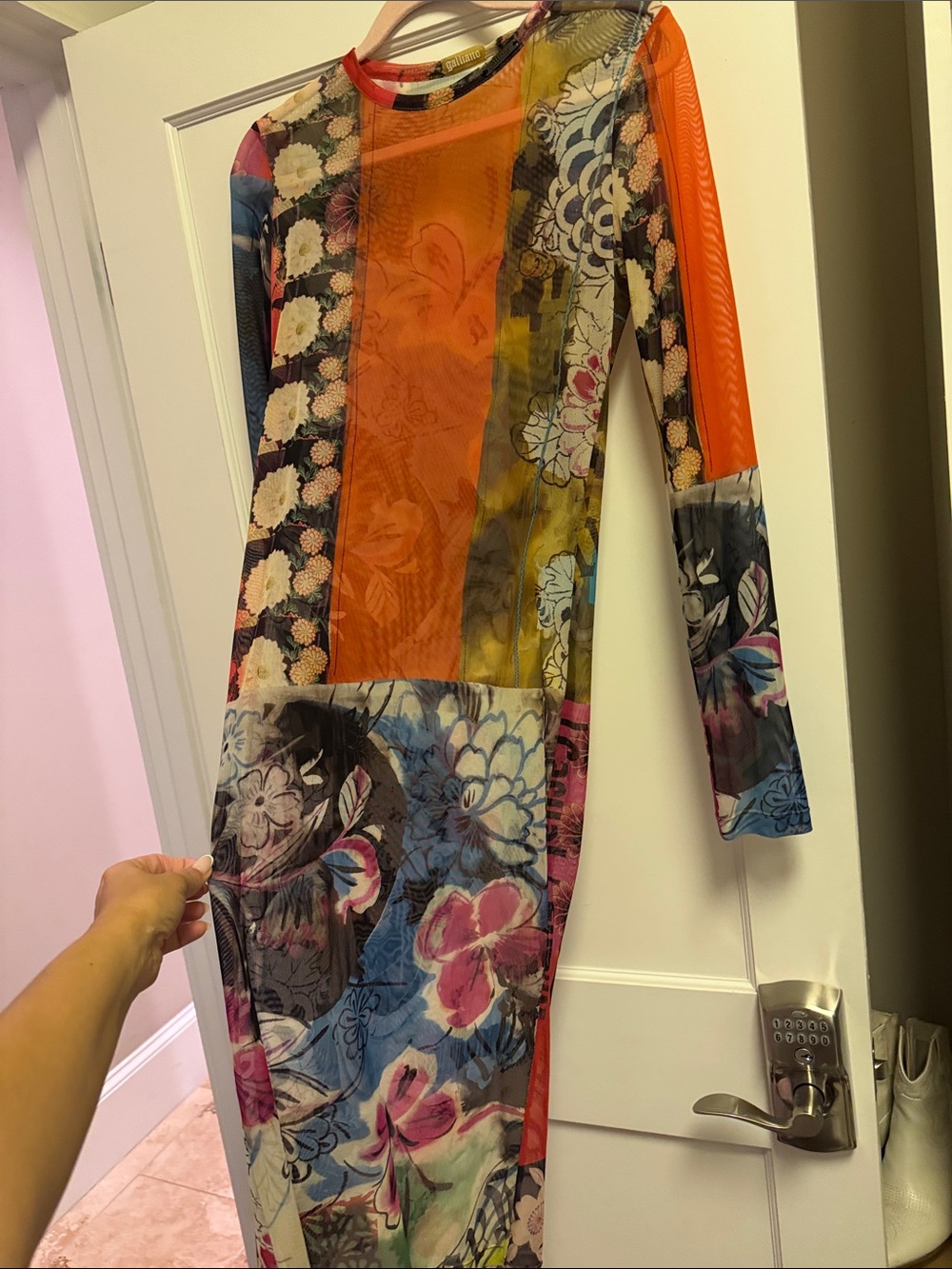 John Galliano Multicolor Floral Patchwork Mesh Midi Dress with Orange Panel - Picture 2 of 4